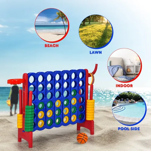 Miniatura 9 de HONEY JOY Juego gigante gigante de 4 a puntuación, 3 en 1 para interiores y exteriores, juego de patio familiar con aro de baloncesto y lanzamiento