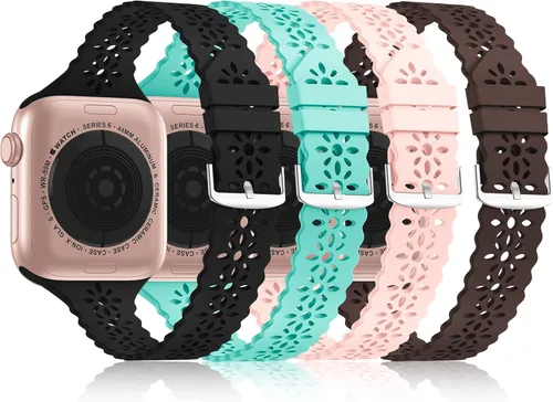 Miniatura 11 de Bandiction - Paquete de 4 correas de silicona de encaje compatibles con Apple Watch de 38mm 40mm 41mm 42mm 44mm 45mm 46mm 49mm, correa delgada