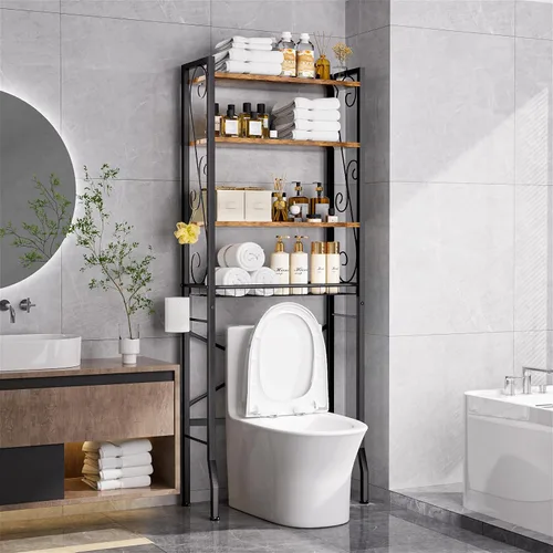 Miniatura 10 de Estante de almacenamiento sobre el inodoro de 4 niveles, estante organizador de baño sobre el inodoro, estantes y cesta de madera ajustables
