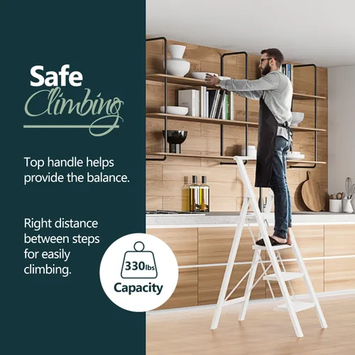 Miniatura 2 de WOA WOA Escalera de 4 escalones para techo de 10 pies de alto, escalera plegable ligera con pedales anchos antideslizantes, taburete con barandilla