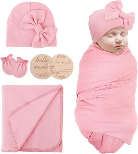 Miniatura 10 de AQOKKA Manta para Recién Nacido con Moño, Juego de Sombrero y Guantes, Tarjeta de Madera para Recién Nacidos, Niños, Niñas, Envoltorio para Envolver