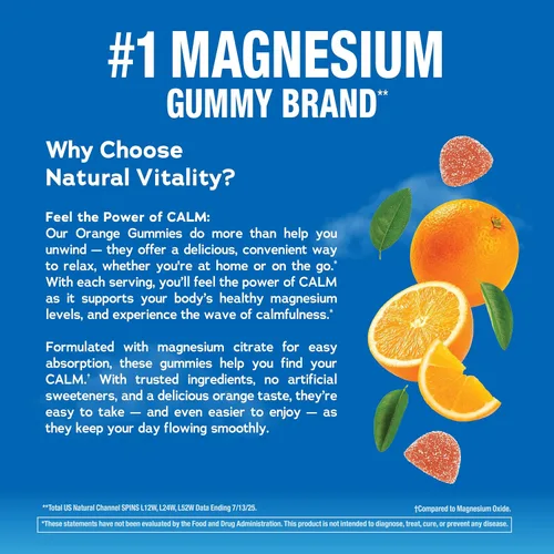 Miniatura 4 de Natural Vitality Gomitas de magnesio calmantes 330 mg por porción Suplemento con sabor a naranja Sin gluten y vegano 120