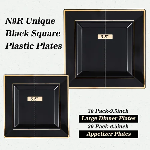 Miniatura 2 de N9R Paquete de 60 platos cuadrados negros de plástico con borde dorado, incluye 30 platos llanos desechables de 9.5 pulgadas y 30 platos de postre