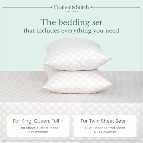 Miniatura 4 de Juego de sábanas Feather & Stitch de 300 hilos tamaño individual, 100% algodón con tejido de satén estampado, sábanas frescas y transpirables, juego