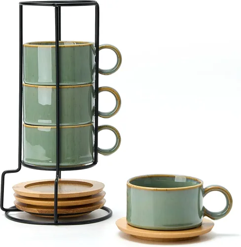 Miniatura 16 de LUKA - Juego de 4 tazas de café espresso apilables de cerámica con tablero de ajedrez en blanco y negro de 6 onzas, con platillos y soporte