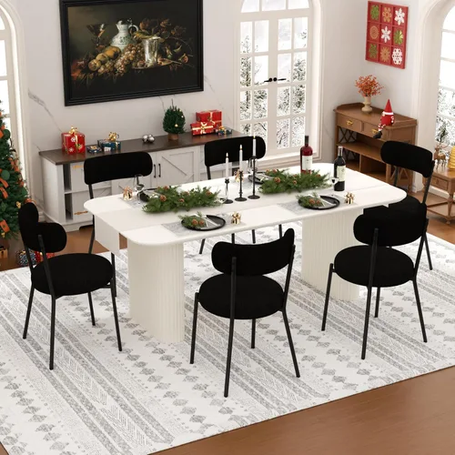 Miniatura 9 de Juego de mesa de comedor ovalada negra moderna de 70.9 pulgadas para 4, mesa de cocina rectangular estilo crema con sillas negras Boucle, juego