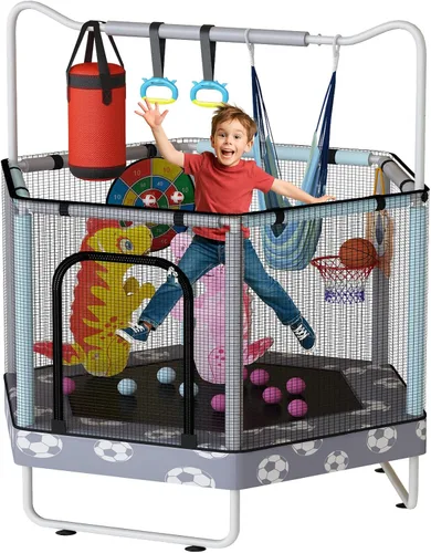 LAMERGE Trampolín redondo 7 en 1 de 55 pulgadas para niños y niñas de 1 a 8 años, trampolín para interiores y exteriores para diversión, barandilla