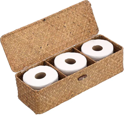Miniatura 13 de Cesta de almacenamiento Hipiwe de seagrass con tapa, cestas de estante tejidas rectangulares para armarios, despensa, baño, estante de cocina