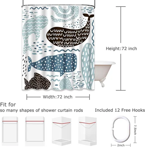 Miniatura 2 de Emvency Cortina de ducha náutica animal marino para niños, ballena, pulpo, pez, impermeable, tela de poliéster, 60 x 72 pulgadas, juego con ganchos