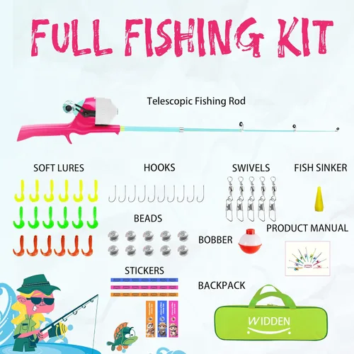 Miniatura 9 de Caña de pescar para niños, caña de pescar telescópica, caña de pescar plegable para niños y carrete con caja de aparejos, línea de pesca, flotador
