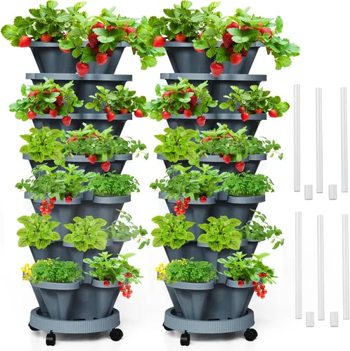Miniatura 21 de Macetas verticales de fresa, paquete de 2 unidades, torre apilable de 5 niveles con poste de soporte, macetas apilables para hierbas y verduras