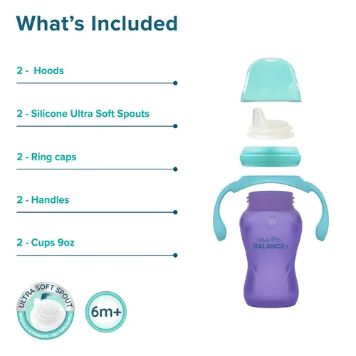 Miniatura 6 de Evenflo Balance+ Tazas de entrenamiento para bebés de 6 meses en adelante, morado y menta, diseño ergonómico con asas, 9 onzas, paquete de 2