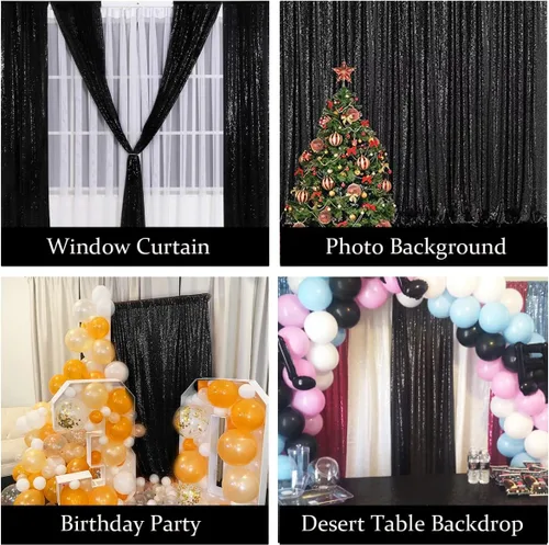 Miniatura 5 de Cortinas de Fondo de Lentejuelas Negras 4 Paneles 2FTx8FT Telón de Fondo para Fotos de Boda con Purpurina Cortinas de Fiestas de Cumpleaños y Oro