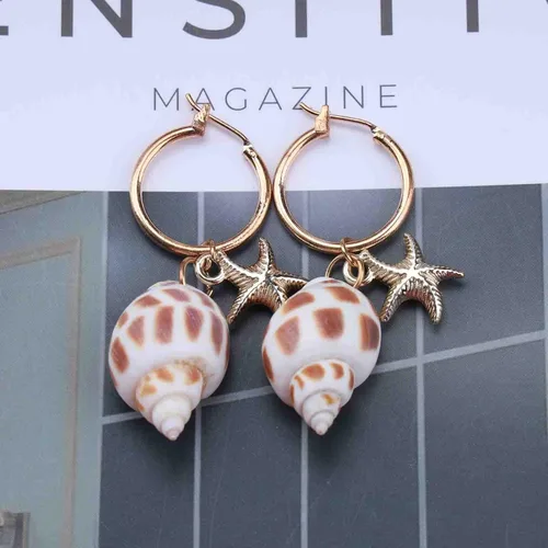 Miniatura 6 de Erimberate Aretes de aro de concha de concha de mar bohemios, aretes colgantes de estrella de mar dorados, aretes de concha, aretes de estrella