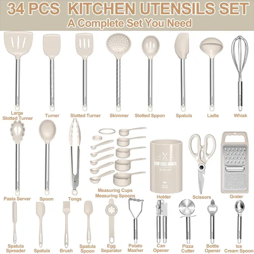 Miniatura 2 de Juego de Utensilios de Cocina - Umite Chef 34 Piezas Juego de Utensilios de Cocina de Silicona para Batería de Cocina Antiadherente - Juego de Caqui