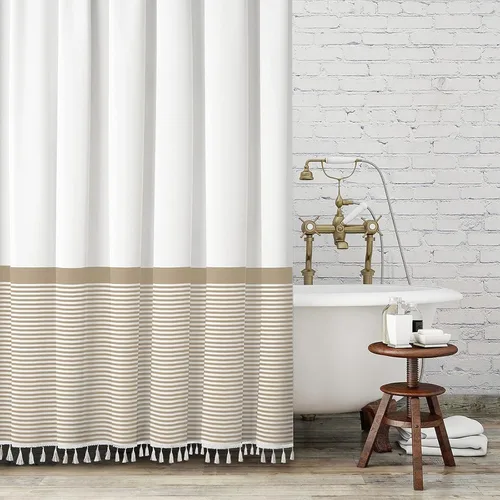 Miniatura 17 de Cortina de ducha gris Seasonwood Moderna de tela con borlas blancas, cortinas de ducha estilo casa de campo a rayas, impermeable, 72x72 pulgadas