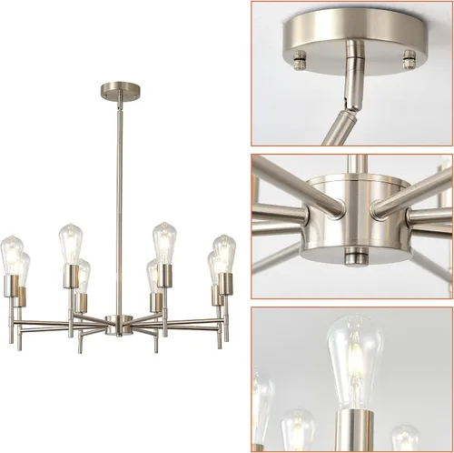 Miniatura 7 de XILICON Lámpara colgante industrial de níquel cepillado Sputnik de mediados de siglo, 8 luces, lámpara de techo vintage