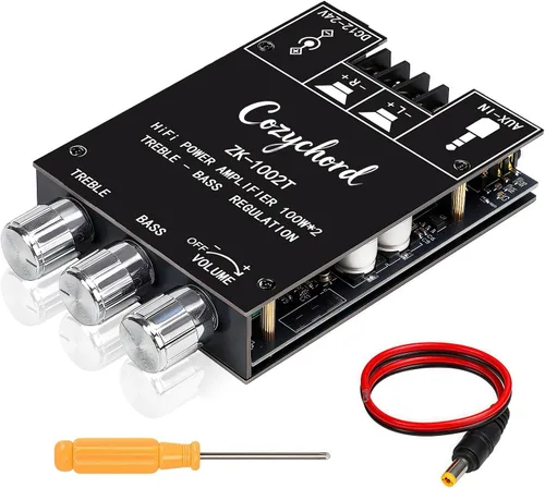 ZK-1002T Placa de amplificador estéreo Bluetooth 5.0, módulo de mini amplificador de audio de 200 W HiFi de 2.0 canales con control de agudos y