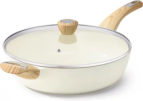 SENSARTE Sartén antiadherente de cerámica con tapa, sartén de 12 pulgadas de gran tamaño y profundidad, sartén de 5 cuartos de galón, sartén de