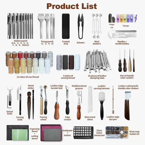 Miniatura 6 de FIOQE Kit de herramientas de cuero, herramientas de artesanía de cuero, 588 piezas, juego de bricolaje con bolso para bolsa, cinturón, cartera
