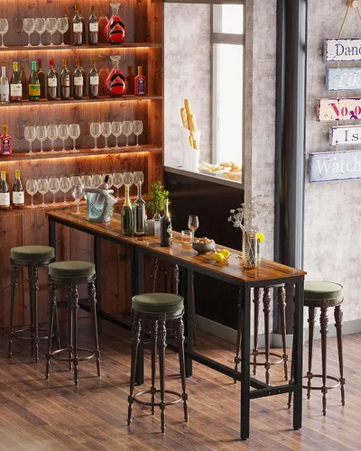 Miniatura 2 de Teraves Mesa de bar rectangular moderna, 39.37 x 17.71 x 39.37 pulgadas, parte superior de teca, base de metal negro, 4 plazas, uso en comedor y bar