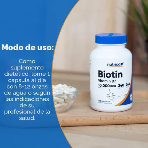 Miniatura 7 de Suplemento Nutricost Biotin (Vitamina B7) 0.00035 oz, 240 cápsulas, 1 botella, 1