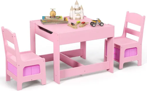Miniatura 10 de Fireflowery - Juego de mesa y silla para niños, mesa de actividades de madera 3 en 1 con cajón de almacenamiento y pizarra desmontable, escritorio