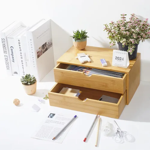 Miniatura 2 de Charmewooden Organizador de escritorio de bambú con cajones, organizador de encimera con cajones, cajón de almacenamiento de maquillaje, 2 cajones
