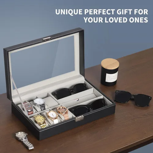 Miniatura 8 de AUTOARK AW-004 - Caja de cuero para 6 relojes y 3 lentes y gafas de sol con organizador de joyas, cajas de almacenamiento para hombre y mujer, tapa
