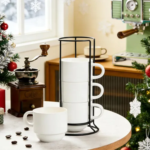 Miniatura 3 de YHOSSEUN Juego de 4 tazas de café de porcelana, apilables con soporte de metal y cucharas, tazas de café espresso de 11 onzas para americano, Blanco