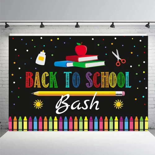 MEHOFOND Regreso a clases, telón de fondo para cabina de estudio fotográfico, accesorios de pizarra, bolígrafos coloridos, primer día de escuela,