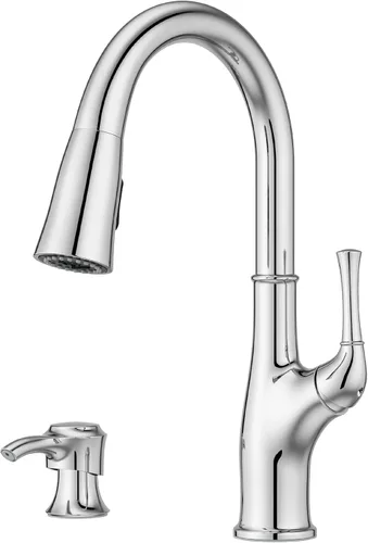 Miniatura 14 de Pfister Alderwood - Grifo de cocina con rociador extraíble y dispensador de jabón, de una sola manija, certificado NSF, acabado en oro cepillado
