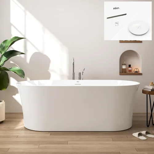 Miniatura 11 de FerdY Tahiti - Bañera independiente de 67" con forma ovalada elegante, bañera aislada de doble pared brillante con color blanco, con centro