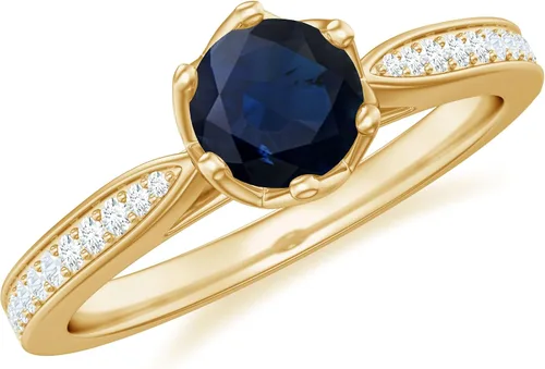 Anillo de compromiso con solitario mínimo de zafiro azul, redondo de 0.197 in, calidad AAA, joyería inspirada en flores para mujer