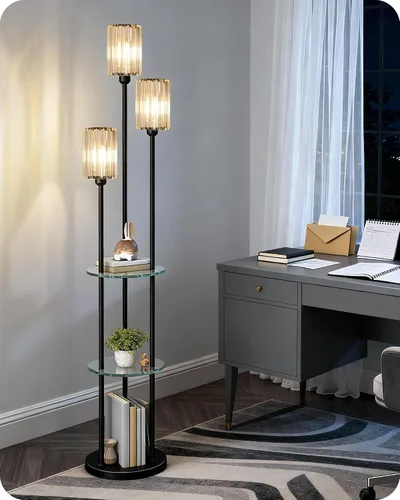 Miniatura 4 de Lámpara de pie negra con estantes, lámpara de pie moderna con 3 pantallas de cristal e interruptor de pie, lámpara de pie de 3 luces, para sala