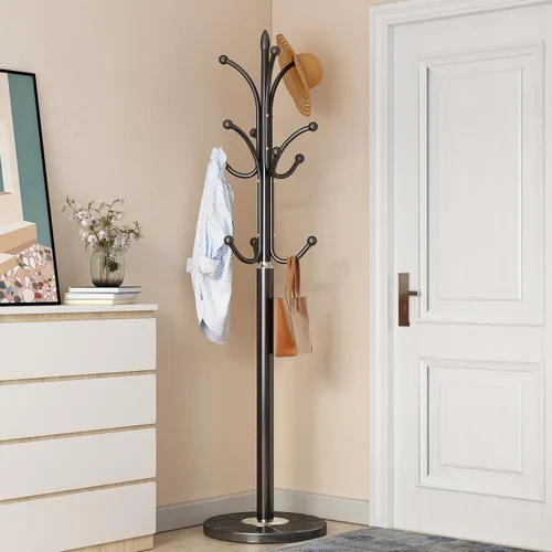 Miniatura 2 de Perchero de metal independiente resistente con base de mármol natural, moderno perchero para sombreros de árbol con 12 ganchos para entrada