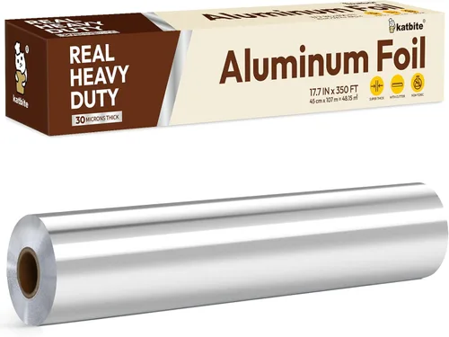 Katbite Rollo de papel de aluminio resistente de 17.7 pulgadas de ancho, 30 micras de espesor, fuerte rollo de papel de aluminio para catering