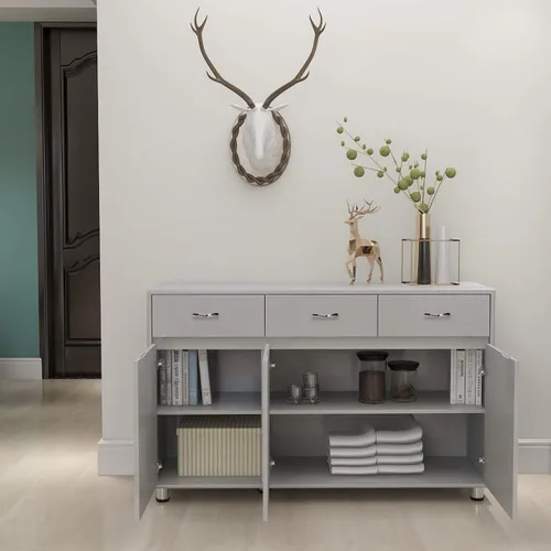 Miniatura 5 de RASOO Armario de cocina buffet, aparador de almacenamiento, armario, aparador de buffet, cocina (gris, 3 puertas y 3 cajones)
