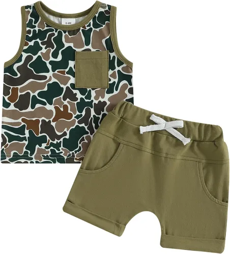 Miniatura 27 de Ropa de bebé niño sin mangas + pantalones cortos con estampado a rayas con bolsillos, 2 piezas de trajes de verano