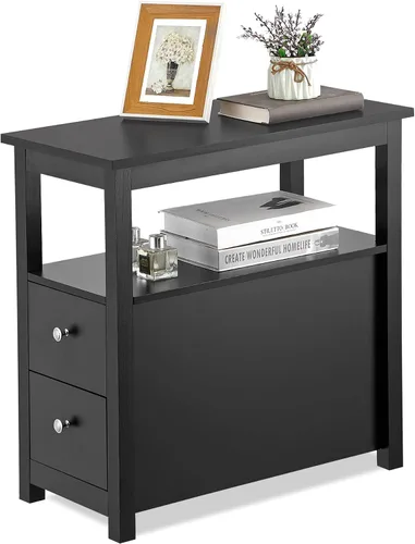Miniatura 5 de Mesa auxiliar de 3 niveles con 2 cajones y estante de almacenamiento abierto, mesa de madera estrecha, mesita de noche, sofá para el hogar, oficina