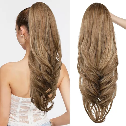 Miniatura 20 de SEIKEA Extensión de cola de caballo versátil con cordón, 26" de largo, cabello ondulado multicapa, clip para cola de caballo, extensiones de pelo