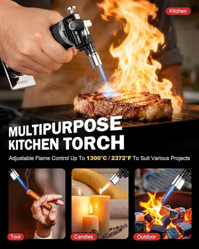 Miniatura 6 de RAVS Encendedor de butano, antorcha de cocina con modo de llama dual, pistola de soplete de cocina recargable, soplete de crema brulee, soplete