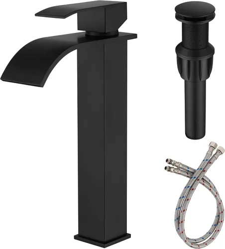 Miniatura 8 de Grifo de baño de cascada negra de un solo agujero, grifo de lavabo de baño con escurridor desplegable y placa de cubierta para instalación de 3
