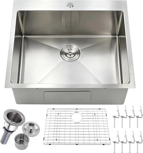 Fregadero de cocina empotrable de 25 x 22 pulgadas, fregadero de cocina de acero inoxidable níquel cepillado de montaje superior de un solo Blanco