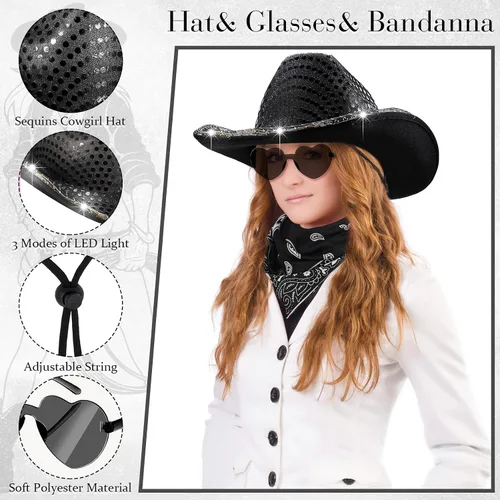 Miniatura 2 de 6 Pack Light Cowboy Hat Space Cowgirl Hat Led Flashing Hat with 6 Heart Glasses 6 Paisley Bandanna Western Cowboy Costume
