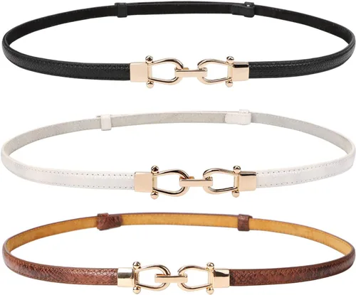 JASGOOD Cinturón de cuero delgado para mujer, cinturones de cintura fina para vestidos de hasta 37 pulgadas con hebilla dorada, paquete de 2