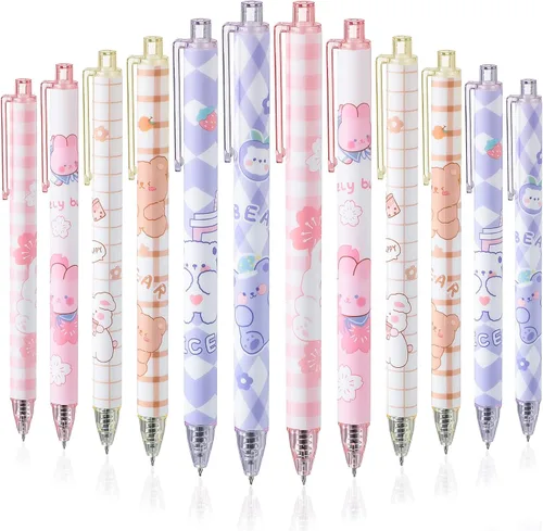Qualirey 12 bolígrafos Kawaii de tinta de gel de 0.020 in de tinta negra, bolígrafos Kawaii, retráctiles, elegantes, suministros escolares para