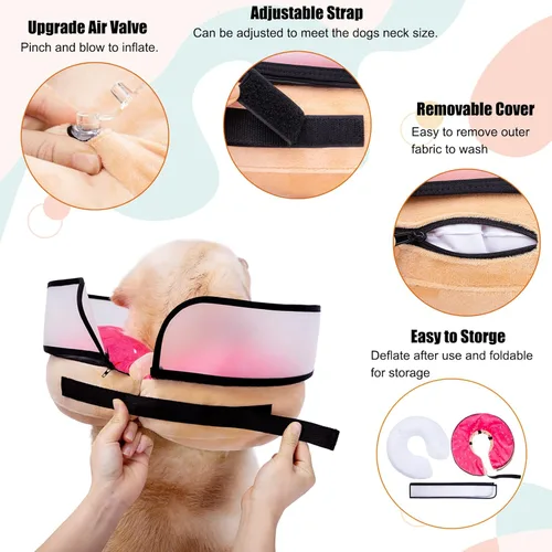 Miniatura 4 de Collar inflable para perro con forma de cono de perro con dona de cuello suave mejorada antilamer para perros y gatos, collar de cono de Rosa.