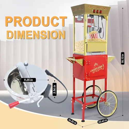 Miniatura 7 de Máquina de palomitas de maíz con carrito y ruedas, máquina de palomitas de maíz con hervidor de acero inoxidable de 14 onzas, para el hogar, Rojo