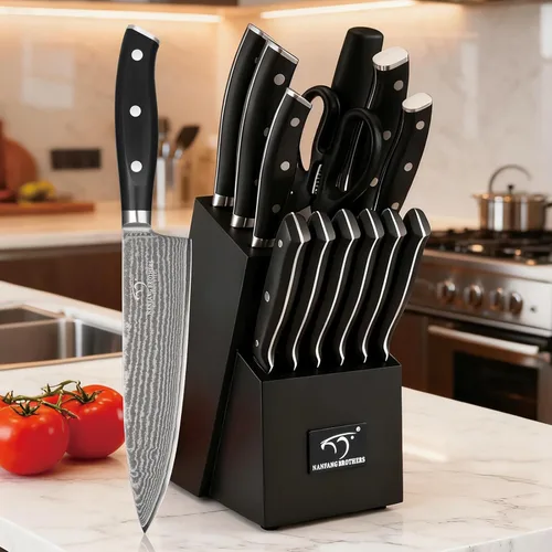 Miniatura 6 de NANFANG BROTHERS Damascus - Juego de cuchillos de cocina de 14 piezas con tijeras y afilador, acero de damasco VG10, mango ergonómico ABS, Negro
